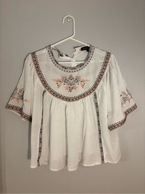 White linen Embroidered Boho Smock Blouse with Orange & Navy Accents